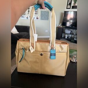 Coach gold and blue sateen nwt Hampton weekender leather trim